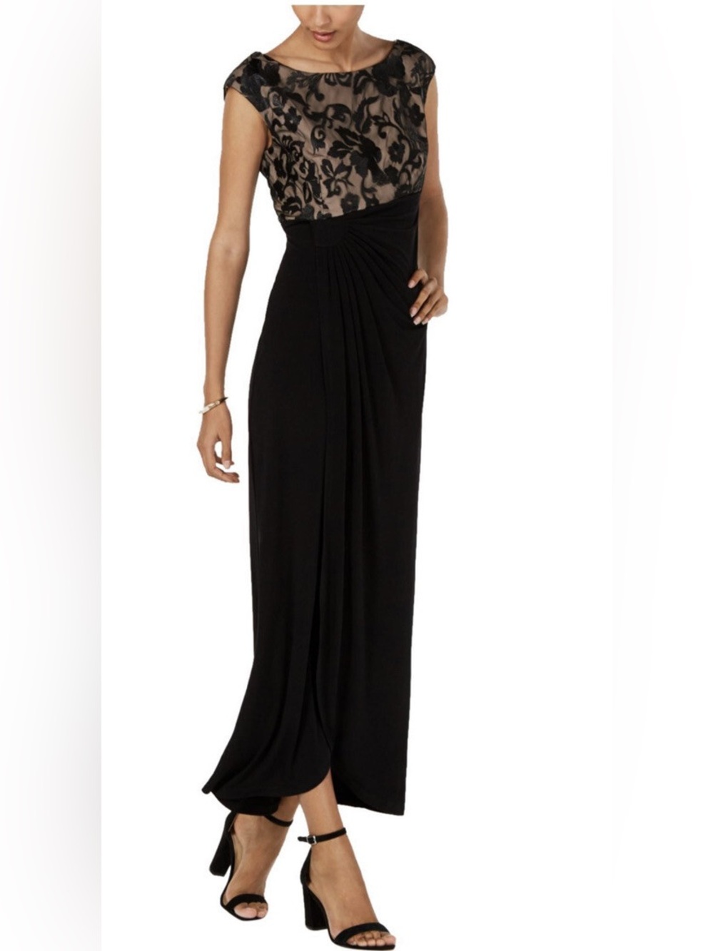 Connected Apparel Black Soutache Faux Wrap Formal  Dress SZ 10 Understated Glam